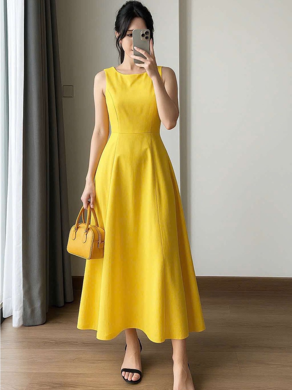 Elegant Sleeveless Yellow A-Line Midi Dress